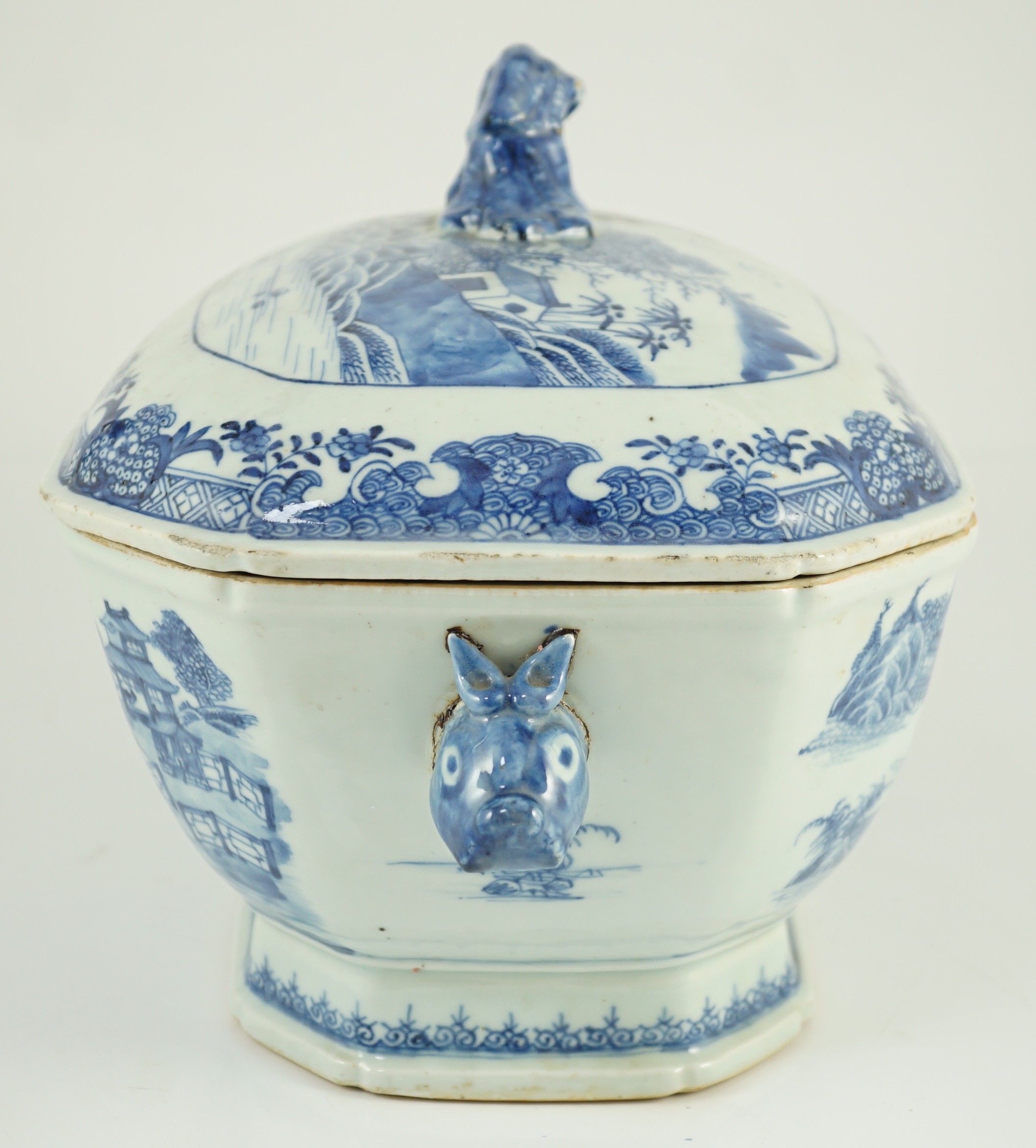 A Chinese blue and white tureen and cover, Qianlong period, 35.5cm wide, one handle re-attached